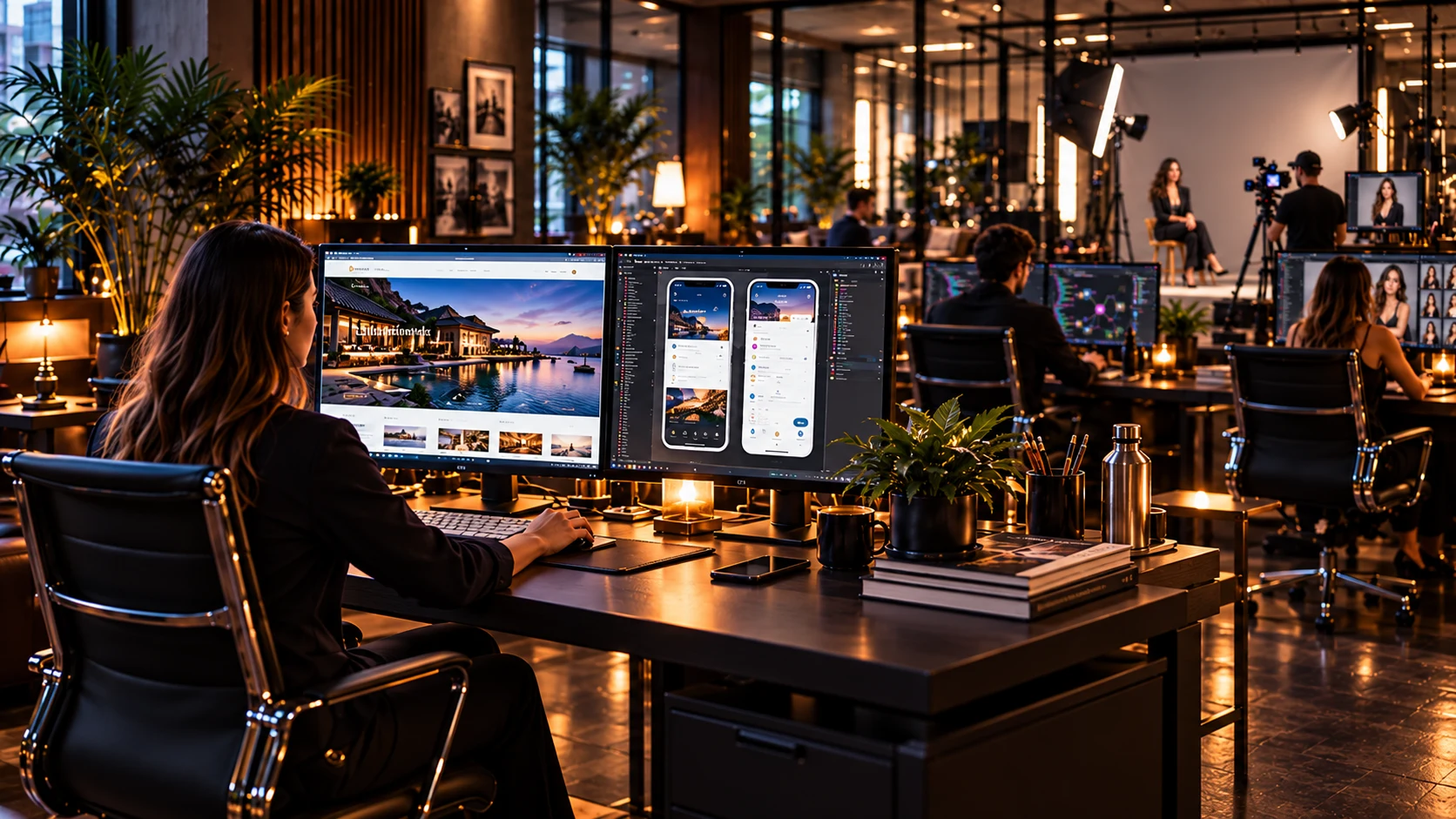 Studio concept with a luxury hospitality website and mobile application at the left workstation